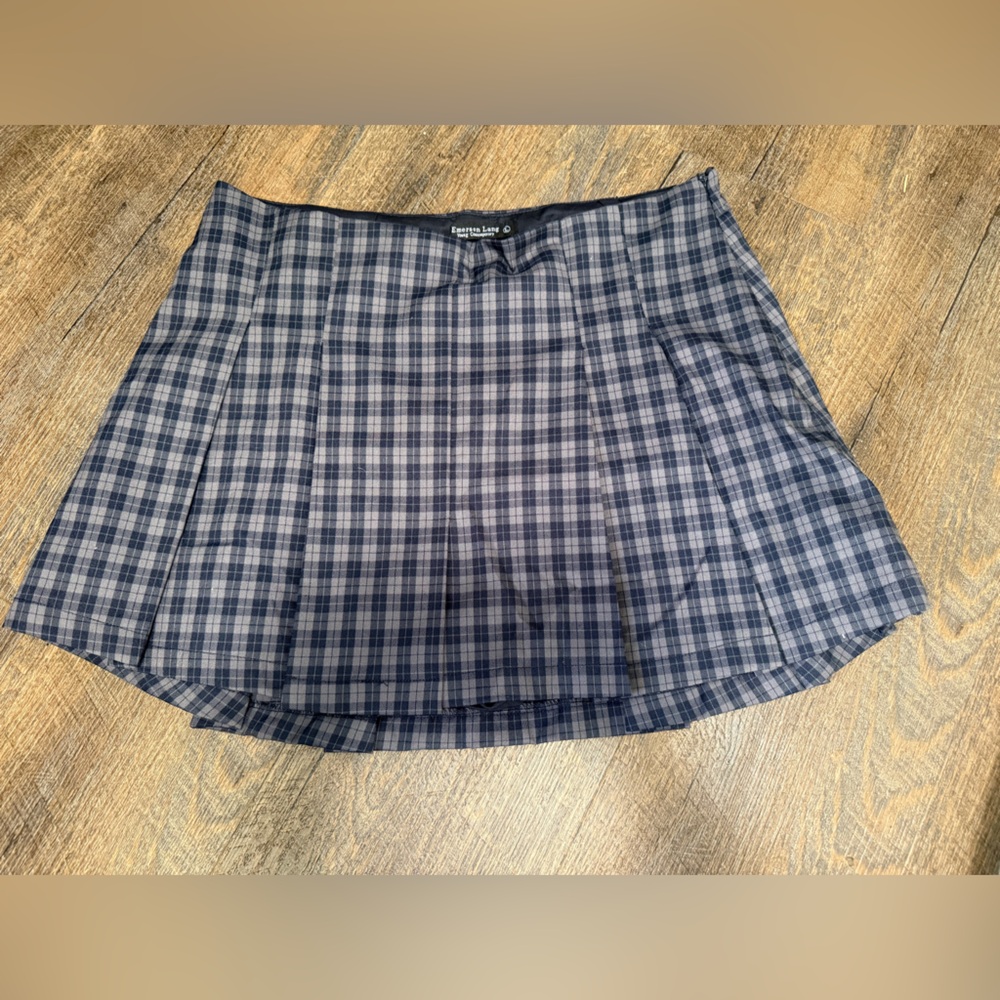 Navy and Gray Plaid Pleated Mini Skirt